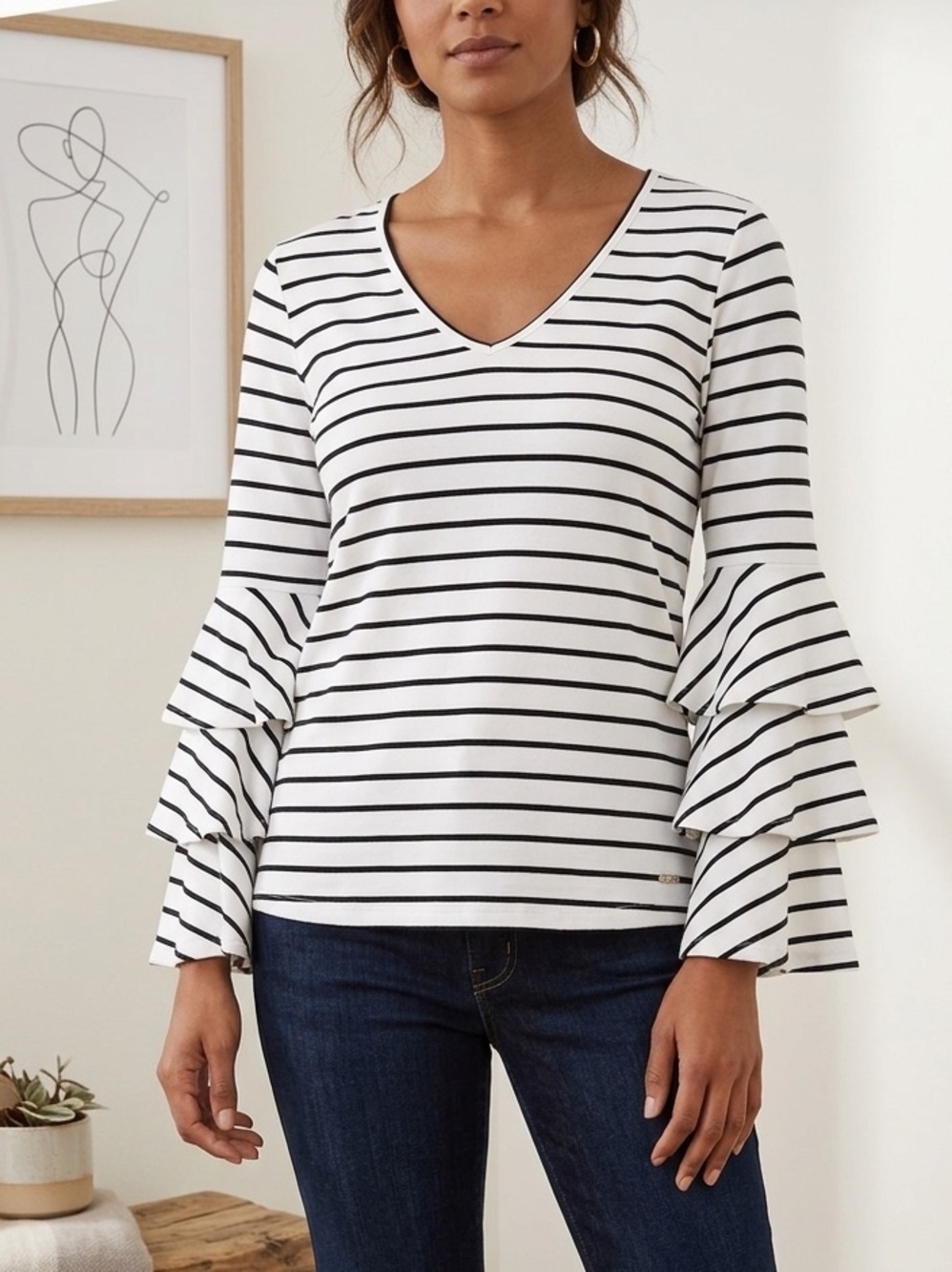 Allison Joy Black and‎ White Striped Ruffle Bell Sleeve Boho Blouse size Small